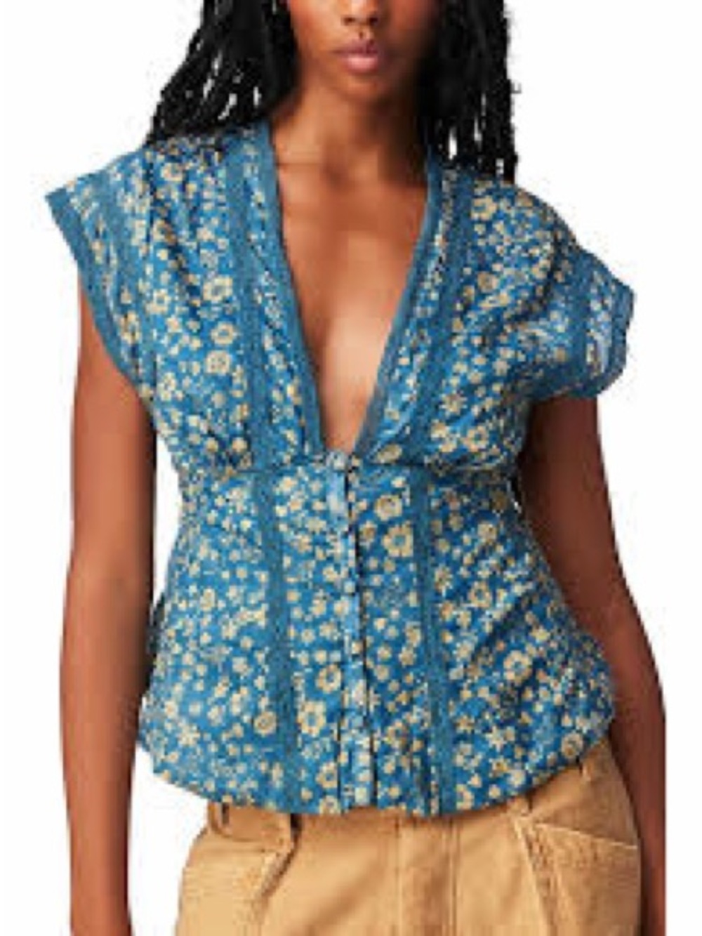 Free People Teal Blue Floral Button-Front V-Neck Blouse